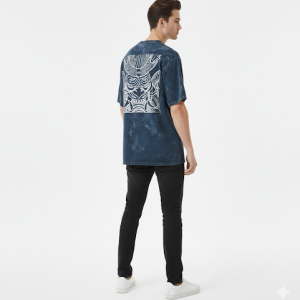 Demonic Aura Oversized Samurai Mask  Hajime T-Shirt | 240 GSM Heavyweight  Cotton |  Dark Blue Acid Wash